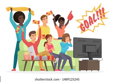 Football fans flat vector illustration. Sport fans with soccer attributes cheering for favorite team. Man and woman friends watching match on TV sitting in home. Guys having fun cartoon characters.