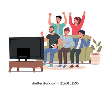 Football fans, friends watching match on TV. Men and women sitting on couch and celebrating soccer team winning or goal. Vector illustration for championship, leisure at home, sport game supporter