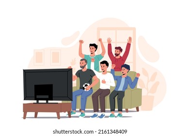 Football fans, friends watching match on TV at home. Men sitting on couch and celebrating soccer team winning or goal. Vector illustration for championship, leisure at home, sport game supporter