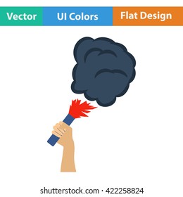 Football fans hand holding burned flayer with smoke icon. Flat design in ui colors. Vector illustration.