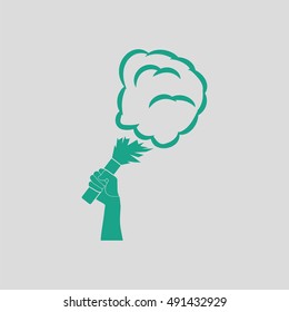 Football fans hand holding burned flayer with smoke icon. Gray background with green. Vector illustration.