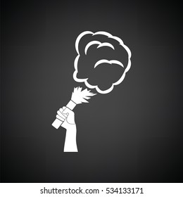 Football fans hand holding burned flayer with smoke icon. Black background with white. Vector illustration.