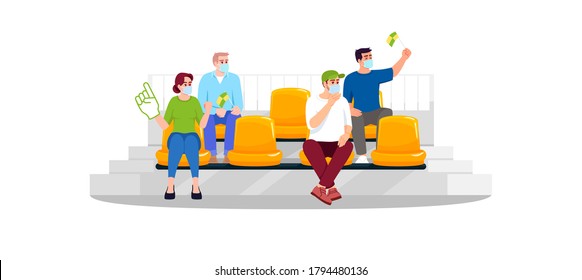 Football fans in masks semi flat RGB color vector illustration. People watching game, soccer, sports. Sporting events during pandemic. Isolated cartoon character on white background