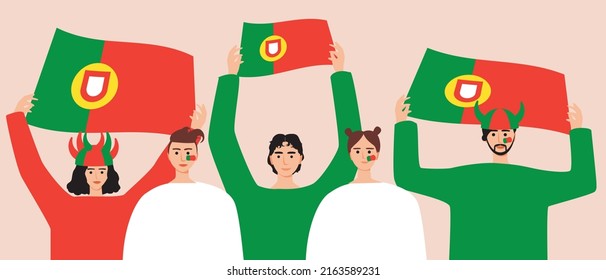 Football fans from Portugal. Crowd of people with flags of Portugal. Flat vector stock illumination. Cheering group of spectators