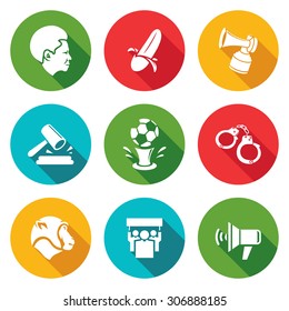 Football fans and racism Icons Set. Vector Illustration. Isolated Flat Icons collection on a color background for design