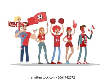 Football fans with red. Team standing on white.