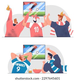 Hinchas de fútbol. Los hombres con uniforme y pañuelo se sientan frente a la televisión y ven partidos deportivos, torneos o competiciones. Salud por el equipo favorito. Ilustraciones de caricaturas de vectores planos aisladas en fondo blanco