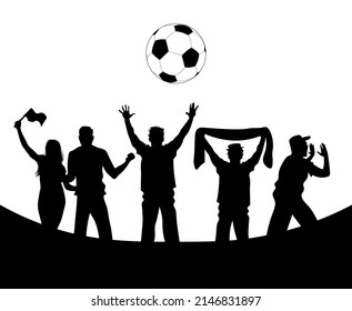 Football fans silhouettes. Black flat figures cheering and screaming on the soccer match. Vector, isolated, sport.