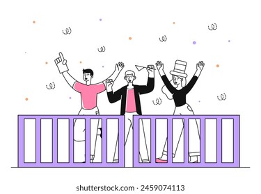 Football fans simple. Men and woman support sports team, watch event. Entertainment and leisure. Supporters and spectators at stadium. Doodle flat vector illustration isolated on white background