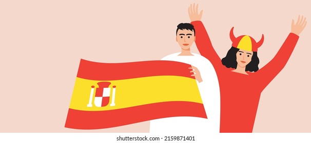 Football fans from Spain with flags. Copy space template for design or overlay. Flat vector stock illustration. Spectators or fans of football match