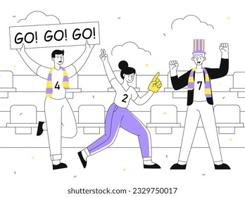 Football fans support team line concept. Men and woman with placard and in sportswear. Sports match, tournament and competition. Soccer and american football. Linear flat vector illustration