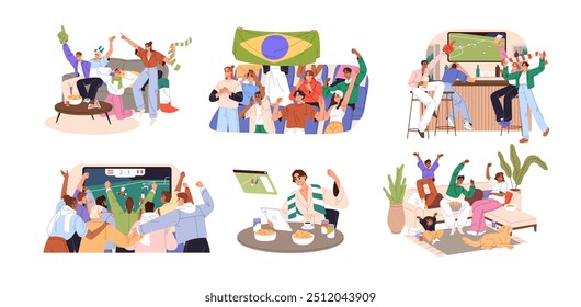 Football fans support teams set. Friends watch soccer match on TV, in sport bar. Men and women rejoice at game, celebrating goal together. Flat isolated vector illustrations on white background