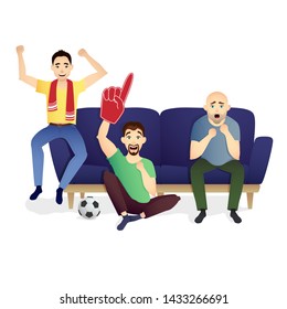 Football fans support their team sitting on the couch. A group of friends rejoices at the success of their favorite sports team. Vector illustration