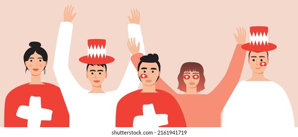 Football fans from Switzerland. Crowd of people with flags. Flat vector stock illumination. Cheering group of spectators. Football Championship