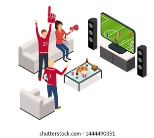 Football Fans Tv Concept Interior with Furniture Isometric View. Vector illustration of People Watching and Support Sport Competition