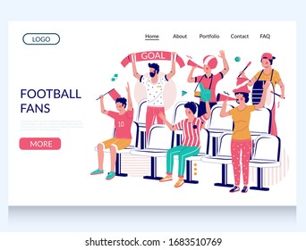 Football fans vector website template, landing page design for website and mobile site development. Group of people supporting their favorite team during football match at the stadium.