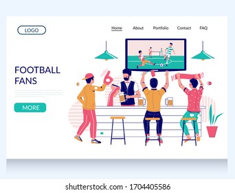 Football fans vector website template, landing page design for website and mobile site development. Group of people soccer fans drinking beer and watching football match in sport bar, pub.