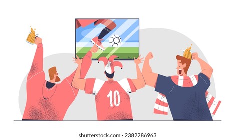 Football fans watch match. Men in sport uniform watch tv. Group of supporters for footballers. Competition and tournament. Cartoon flat vector illustration isolated on white background