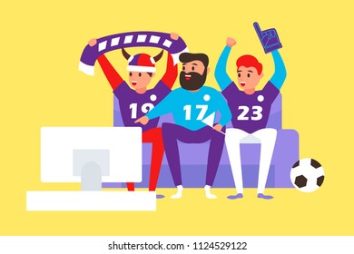 football fans watch the match on TV. vector cartoon illustration