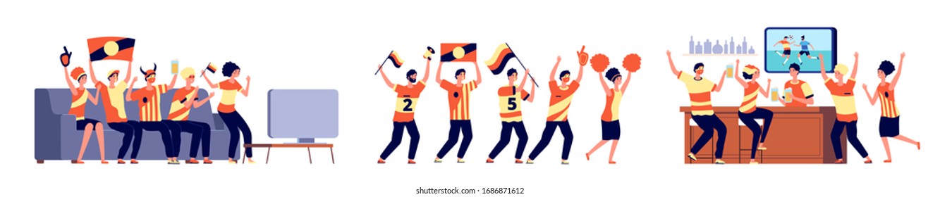 Football fans. Watch soccer, sport game match watching. Friends in beer bar, people at home support team with flags vector illustration