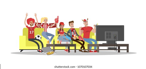 Football fans watch tv in home. on white background