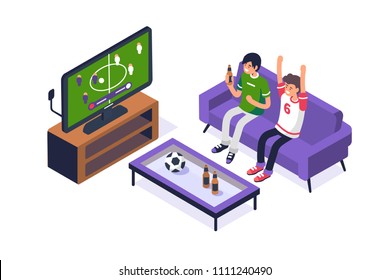 Football fans watching game on tv. Can use for web banner, infographics, hero images. Flat isometric vector illustration isolated on white background.