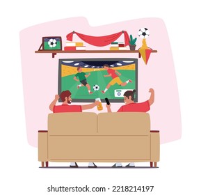 Football Fans Watching Match, Male Characters Soccer Supporters Cheering for Favorite Team at Home on Tv Sitting on Couch Rear View. Excited Men Screaming with Beer. Cartoon People Vector Illustration