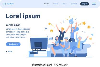 Football fans watching match on TV. Friends sitting on couch and celebrating soccer team winning or goal. Vector illustration for championship, leisure at home, sport game supporter concept