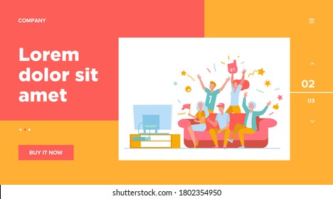 Football fans watching match on TV. Friends sitting on couch and celebrating soccer team winning or goal. Vector illustration for championship, leisure at home, sport game supporter concept