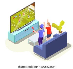 Football fans watching soccer match translation on tv supporting favorite team from home, flat vector isometric illustration. Live football on television channel.