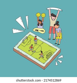 Football fans watching sport hand drawn flat vector illustration. Editorial sport concept with footballer and field. 