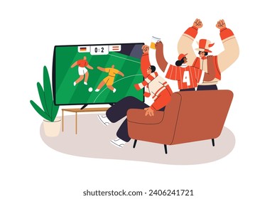 Football fans watching TV, celebrating victory, goal, winning score. Happy friends watch soccer match, championship on television screen. Flat graphic vector illustration isolated on white background