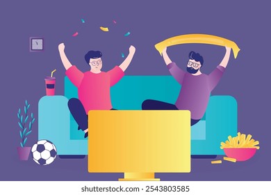 Aficionados al fútbol viendo la televisión, celebrando la victoria, el gol, el marcador ganador. Amigos emocionados animando a su equipo favorito. Personajes masculinos, partidarios. Partido de reloj de chico feliz, campeonato en pantalla. Vector plano