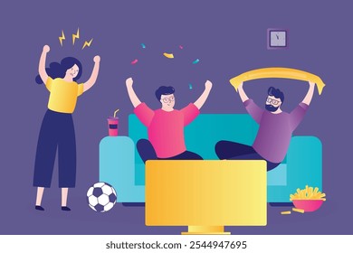 Football fans watching TV, celebrating victory, goal, winning score. Angry wife screams at excited friends cheering for favorite team. Male characters, supporters. Happy guy watch match. flat vector