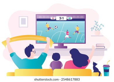 Aficionados al fútbol viendo la televisión, celebrando la victoria, el gol, el marcador ganador. Gente emocionada animando a su equipo favorito. Partidarios de fútbol familiar. Padres con el partido del reloj del niño, campeonato en pantalla. Vector