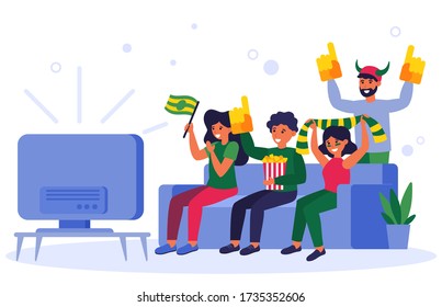 Football fans watching TV match flat vector illustration. Cartoon man and woman sitting on couch, cheering and having fun during soccer match on TV. Sport and entertainment concept