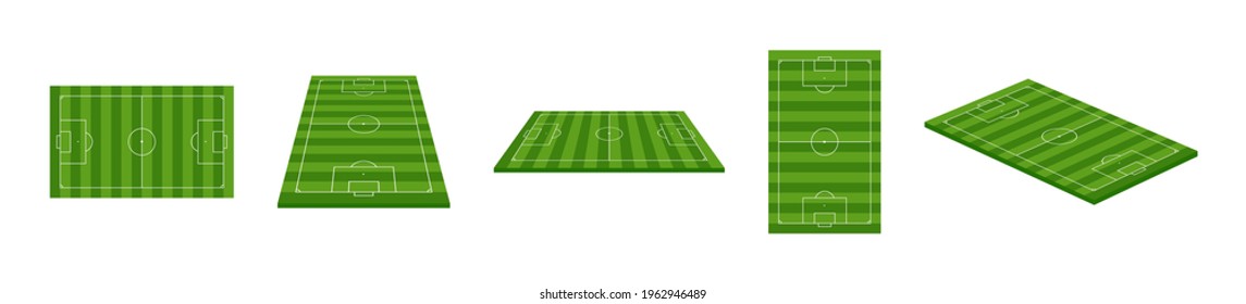 Football field. 3d soccer stadium. Green football arena with perspective view. Isometric court for sport game. Green grass on soccer field with line, frame and corner. European league. Vector.