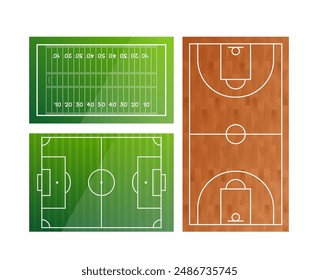 Football field, American football field and basketball court. Top view. Vector illustration.