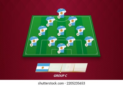 Football field with Argentina team lineup for European competition. Soccer players on half football field.