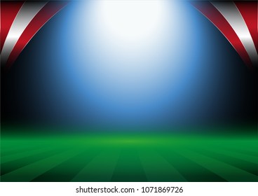 Football field background with bright stadium lights and Peru flags on the corners