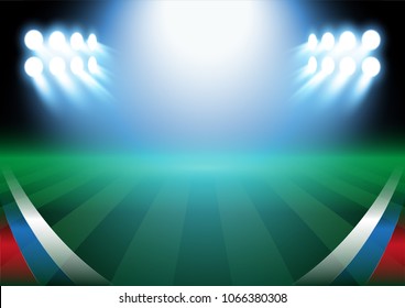 Football field background, vector illustration, with russian flag in the corner