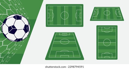 Campo de fútbol con gol de baloncesto de fútbol. Vista superior, lateral y perspectiva del campo de fútbol. Tribunal de fútbol europeo realista o estadio con vectores de césped verde