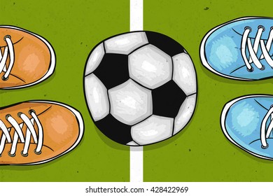 Football field with ball in the center. The sports poster. Vector illustration