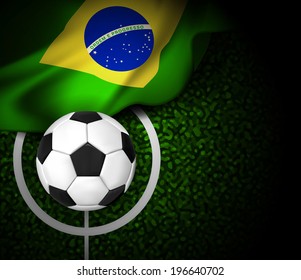 Football field with ball and flag of Brazil. Vector illustration