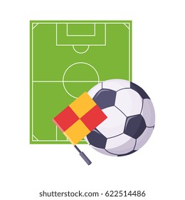 Football Field, Ball And Flag, Set Of School And Education Related Objects In Colorful Cartoon Style