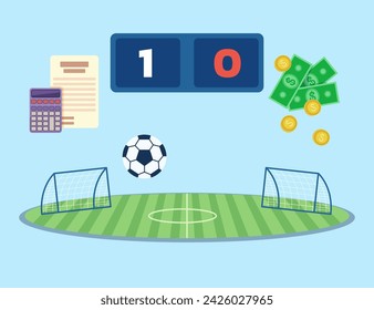 Football field with ball and score board. Vector illustration. Money, calculator and accounting documents on background. Money laundering through sport events concept.