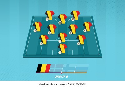 Football field with Belgium team lineup for European competition. Soccer players on half football field.