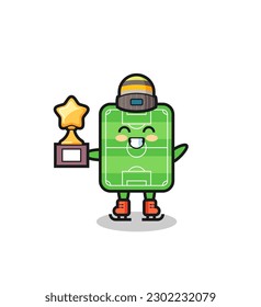 football field cartoon as an ice skating player hold winner trophy , cute style design for t shirt, sticker, logo element