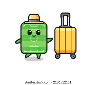 football field cartoon illustration with luggage on vacation , cute style design for t shirt, sticker, logo element