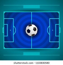 Football field with circular grass texture and soccer ball, blue and aqua color combination vector illustration.